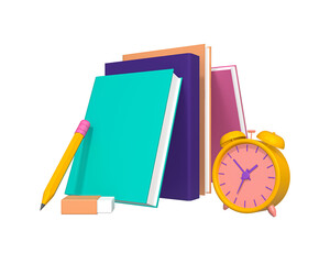 Education 3D icon. Books pencil eraser clock 3D symbol isolated. Education and study school concept. Study on time. In transparent png