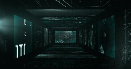 Animation of light trails over mathematical equations on black background - Powered by Adobe