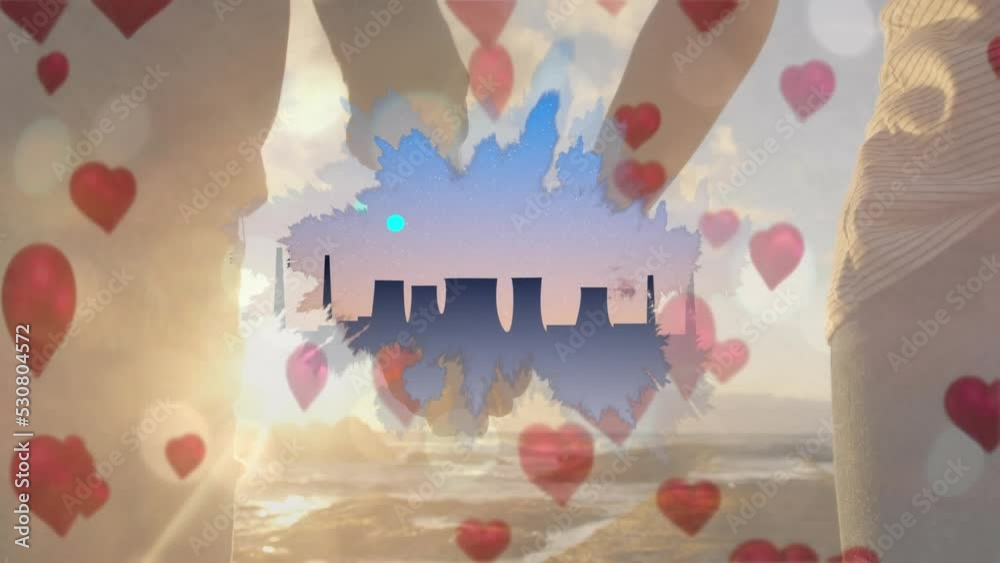 Poster Animation of light spots with hearts and cityscape over people holding hands