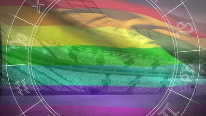 Animation of zodiac signs and lgbt flag over stadium - Powered by Adobe