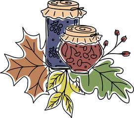 Doodle style vector blackberry and cherry jam jars with autumn leaves decoration, isolated on white background