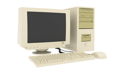 ld vintage desktop computer With keyboard and mouse. Old fashioned desktop PC. Retro style personal computer.  In transparent png - obrazy, fototapety, plakaty
