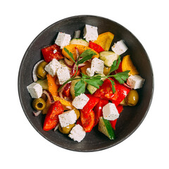 Black bowl of fresh greek salad with vegetables and cheese