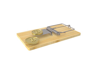 Bitcoin trap and fraud 3D icon. Investment risk or bitcoin trap, business fraud and cheating or financial pitfall and mistake concept by mouse trap. In transparent png.