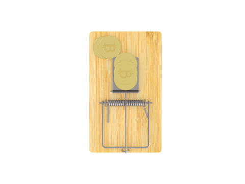 Bitcoin trap and fraud 3D icon. Investment risk or bitcoin trap, business fraud and cheating or financial pitfall and mistake concept by mouse trap. In transparent png.
