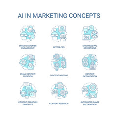 AI in marketing turquoise concept icons set. Digital technology for business idea thin line color illustrations. Isolated symbols. Editable stroke. Roboto-Medium, Myriad Pro-Bold fonts used