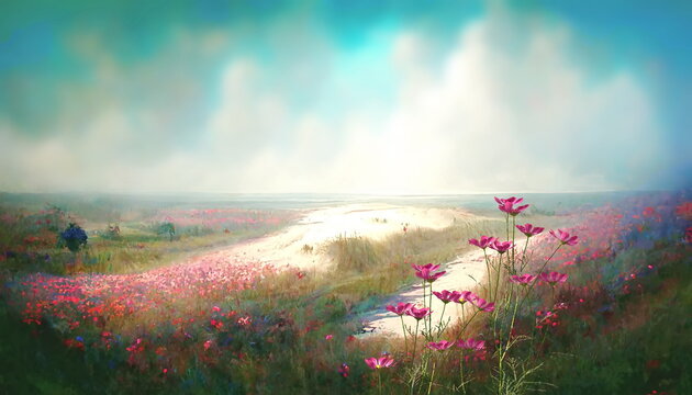  wild field with colorful  pink flowers  cloudy blue sky sun light countryside impressionism painting art  wallpaper wallpaper background