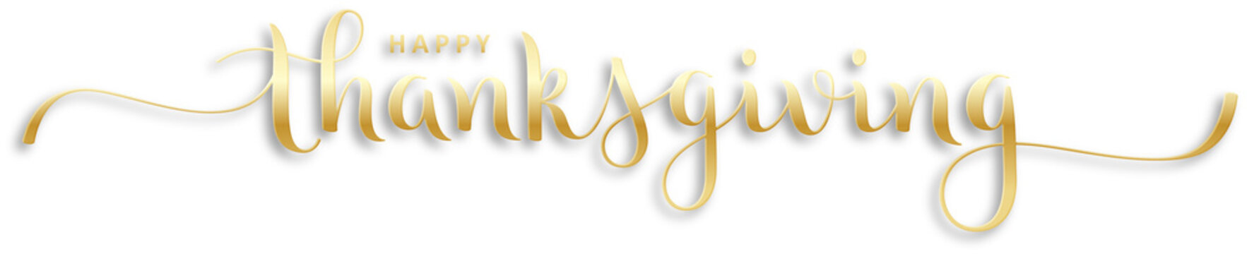 HAPPY THANKSGIVING metallic gold brush calligraphy banner with swashes on transparent banner
