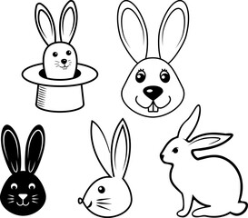 Bunny outline, flat illustration set, Group of bunny clipart isolated on white background.