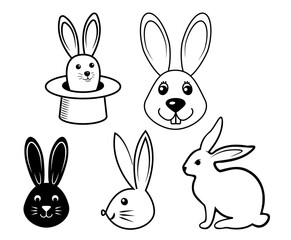 Bunny outline, flat illustration set, Group of bunny clipart isolated on white background.