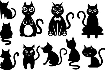 Black and white cartoon cat set. Collection of cute cats in different style, adorable baby animals for your design projects.