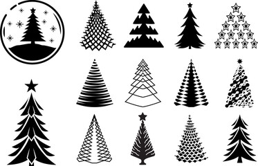Obraz premium Christmas tree collection, black and white abstract Illustrations. Printable, editable decorations for your design projects.