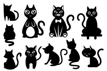 Black and white cartoon cat set. Collection of cute cats in different style, adorable baby animals for your design projects.