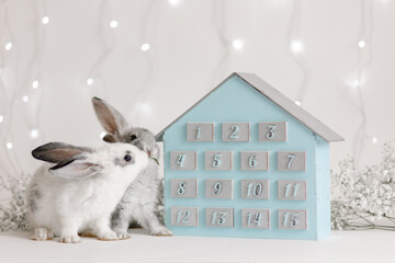 Blue and silver advent calendar for two weeks in the shape of a house. Preparing for Merry...