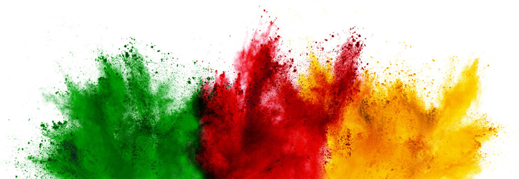 colorful cameroonian flag green red yellow color holi paint powder explosion isolated white background. cameroon africa qatar celebration soccer travel tourism concept