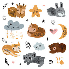 Sleeping baby animals. Cute Scandinavian doodles. Hand drawn vector illustration for textile surface design.