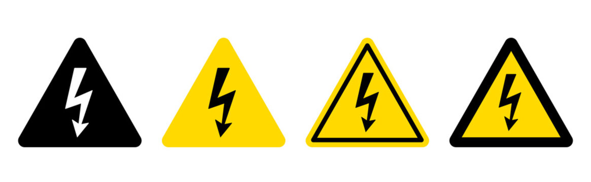Warning sign. Dangerous electrical voltage icon set. High voltage sign. Danger symbol. Black arrow isolated in yellow triangle on white background.