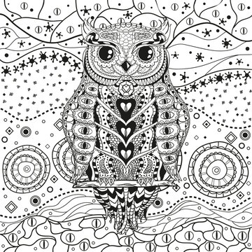 Mandala with owl on white. Zentangle. Hand drawn abstract patterns on isolation background. Design for spiritual relaxation for adults. Black and white illustration for coloring