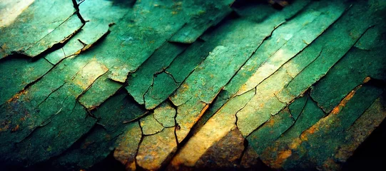 Poster Emerald green cracked slate rock layers, faded rough texture - highly detailed up close low angle surface macro. vibrant background with intense saturated colors. © SoulMyst