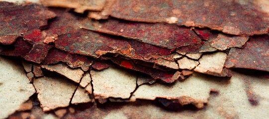 Rusty red cracked slate rock layers with rough texture and highly detailed up close low angle surface macro. vibrant background with intense saturated colors.