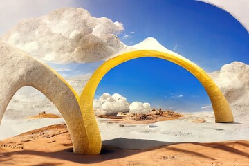 Surreal desert landscape with yellow arch and white clouds, 3d render