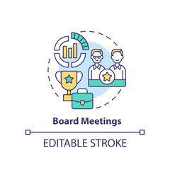 Board meetings concept icon. Shareholder conference. Type of corporate events abstract idea thin line illustration. Isolated outline drawing. Editable stroke. Arial, Myriad Pro-Bold fonts used