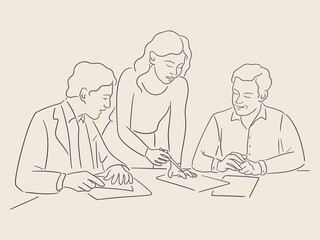 Business meeting in the office. Business workers have discussion with boss. Teamwork concept. Line art illustration of 3 office workers brainstorming
