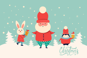 Classic Christmas greeting illustration with funny Santa Claus, penguin and bunny. Big Christmas collection in Scandinavian style with traditional Christmas and New Year elements. Vector illustration.