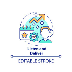 Listen and deliver concept icon. Increasing business meeting attendance abstract idea thin line illustration. Isolated outline drawing. Editable stroke. Arial, Myriad Pro-Bold fonts used
