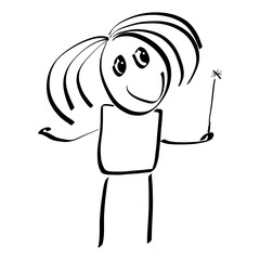 cute man with a magic wand in his hand, funny child's drawing, black outline