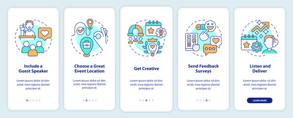 Increasing business events attendance onboarding mobile app screen. Walkthrough 5 steps editable graphic instructions with linear concepts. UI, UX, GUI template. Myriad Pro-Bold, Regular fonts used