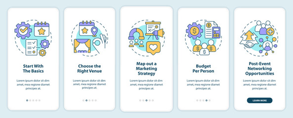 Planning small event onboarding mobile app screen. Organization walkthrough 5 steps editable graphic instructions with linear concepts. UI, UX, GUI template. Myriad Pro-Bold, Regular fonts used