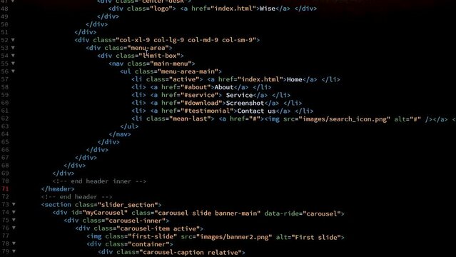 4K Close up shot HTML tag code on PC Monitor scroll down. Background concept for programming and coding web development. Suitable for green screen replacement. Scene D.