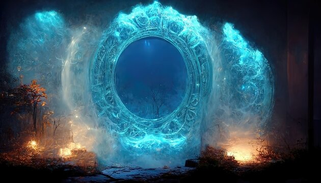 Raster illustration of huge neon blue portal in the forest. Parallel world, reality, magical realism, teleportation, smoke, abstract patterns along the contour of the portal. Magic concept. 3D artwork