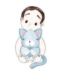 Portrait of a cute cartoon baby boy with a fluffy cat in his hands. Children composition. Digital illustration in the watercolor style. Greeting card.