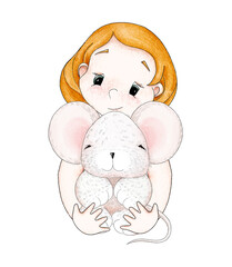 Portrait of a cute cartoon baby girl with a fluffy little mouse in her hands. Children composition. Digital illustration in the watercolor style. Greeting card.