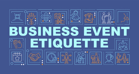 Business meeting etiquette word concepts dark blue banner. Infographics with editable icons on color background. Isolated typography. Vector illustration with text. Arial-Black font used
