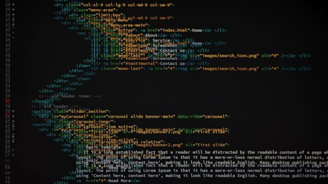 4K Close up shot HTML tag code on PC Monitor scroll down. Background concept for programming and coding web development. Suitable for green screen replacement. Scene A.