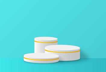 Geometric podium platform with golden round line. Commercial pedestal in green pastel background.