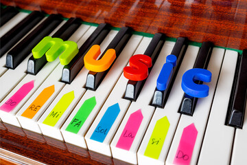 Poster with the word music. Letters and musical notes on the piano close-up