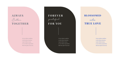 A set of card frame design illustrations with love text in a modern, simple style.
