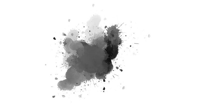 Ink brush stroke transition. Ink splash. watercolor fluid ink splashes transition. Abstract ink brush blot, splat, fluid art, overlay, alpha matte composition, spreading brush stroke.