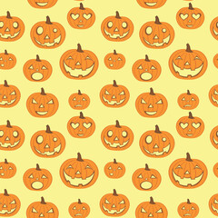 Pumpkin with different emotions seamless pattern. Halloween festive background. Wrapping paper or textile tile.