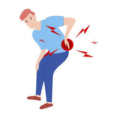Man has low back pain and sciatica from a herniated disc. Medical diagrams about trapped nerves make patients chronic pain in the back and paralysis. Vector illustration.