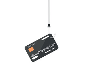 Hacker steals credit card with fishing rod. Flat Vector cartoon character. internet thief. isolated on white background.
