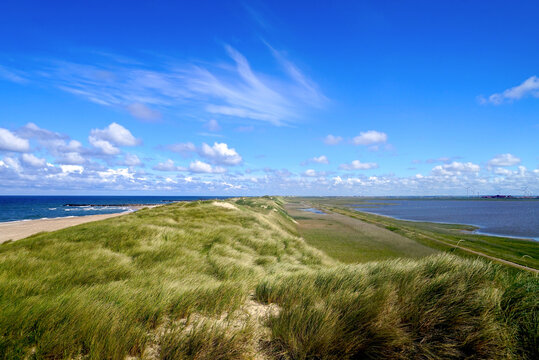 beautiful dune landscape and beach between the North Sea and theLimfjord at a sunny summer day, HIGH QUALITY IMAGE, holiday in Denmark, Lemvig, nature, tourism, travel