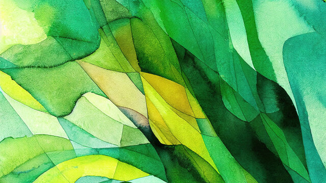 Green watercolor paint on paper abstraction stained glass window.