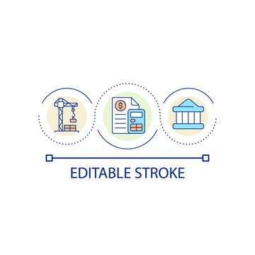 Calculate construction expenses loop concept icon. Building project budget. Finance abstract idea thin line illustration. Isolated outline drawing. Editable stroke. Arial font used