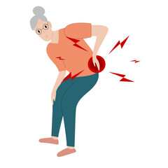 Senior woman has low back pain and sciatica from a herniated disc. Medical diagrams about trapped nerves make patients chronic pain in the back and paralysis. Vector illustration.