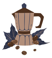 Coffee pot with coffee beans around, vector illustration